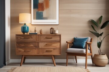 Modern retro concept of living room interior with design teak commode,