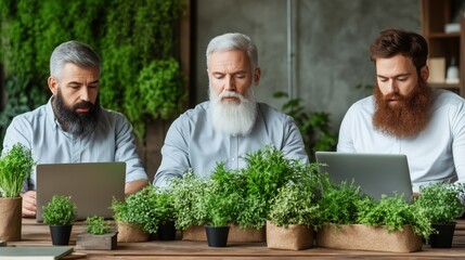 Three men with various beards focus intently on their laptops while seated at a wooden table adorned with potted plants in a stylish workspace during the afternoon