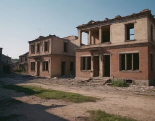 Abandoned, dilapidated buildings under a bright blue sky