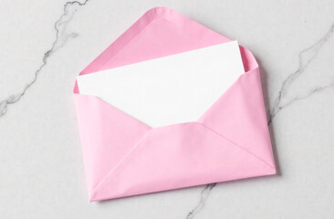 Pink envelope with blank card on white marble background, top view.