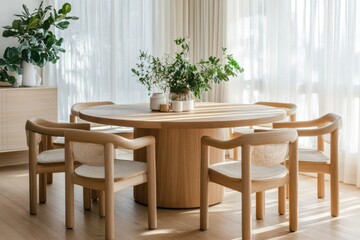 Elegant Minimalist Dining Area Featuring a Round Wooden Table Surrounded by Comfortable Chairs Bathed in Gentle Morning Light Against White Walls