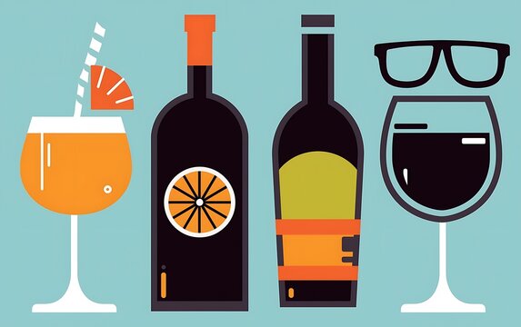 Cocktail, wine bottles, wineglass, and glasses.