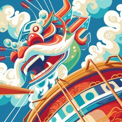 Colorful illustration of a Chinese dragon head with large open mouth and teeth, surrounded by clouds and arrows, on top of a drum.