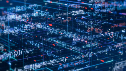 Complex futuristic network with math expressions and equations, concept of ai assistant, machine learning, neural network, science and technology (3d render)