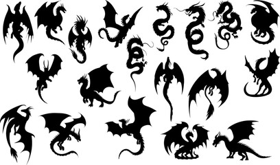 silhouette dragons in different poses collection, vector