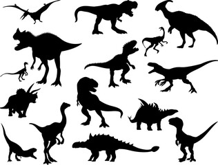 silhouette dinosaurs in different poses collection, vector