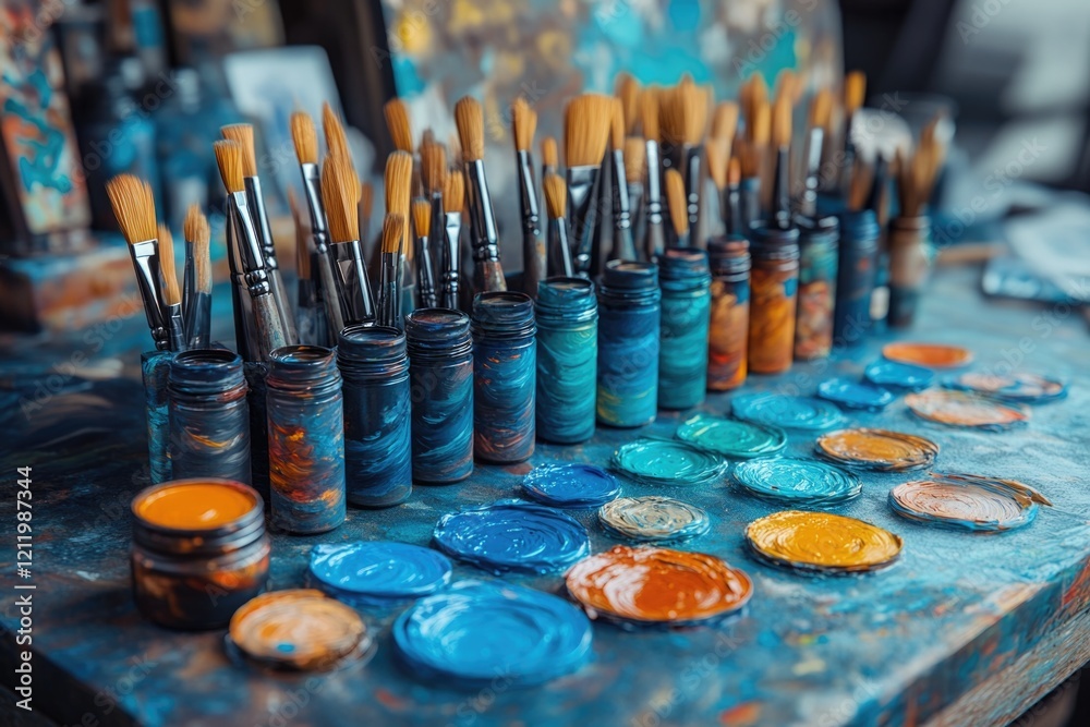 Poster various paint brushes arranged on a table, ready for use