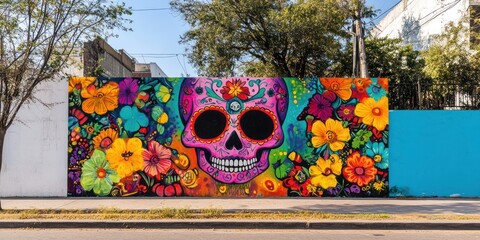 Colorful Skull Mural, City Street, Daytime, Flowers