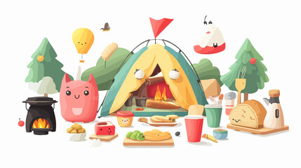 Obraz premium Adorable Camping Food Kawaii Characters in Wide Angle Centered Composition