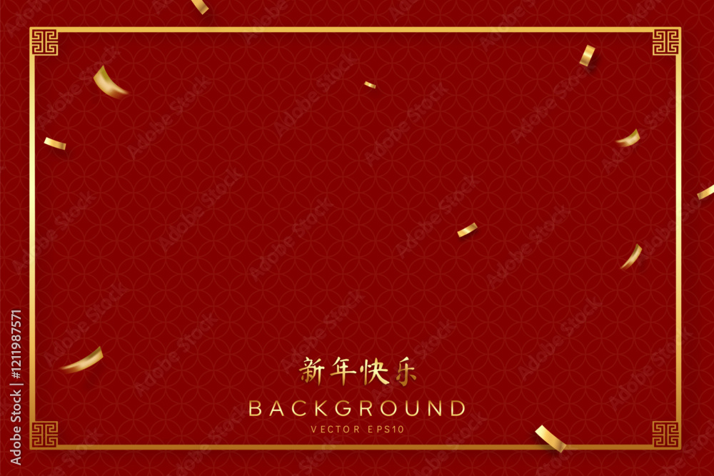 Wall mural chinese new year red background with oriental style pattern, golden confetti and copy space, vector 
