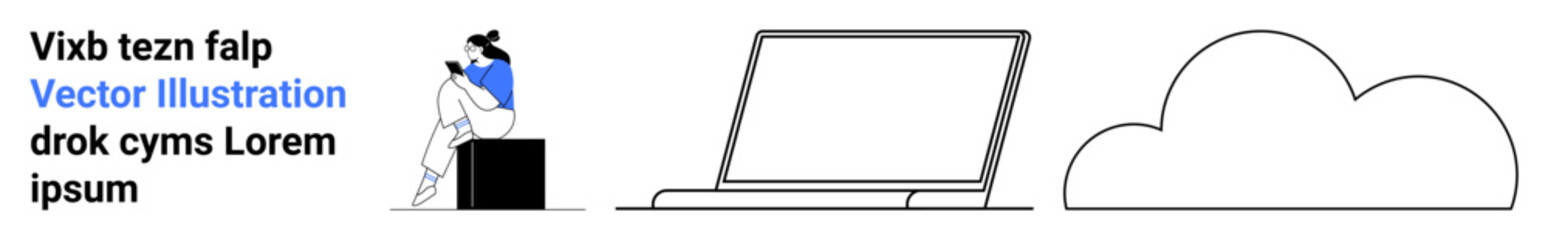 Character sitting on a block, viewing content on laptop screen. Cloud icon on the right side. Ideal for tech, data, analysis, remote work, cloud computing digital strategy website design. Landing