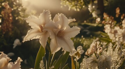 Two delicate white flowers in a garden bathed in golden sunlight.