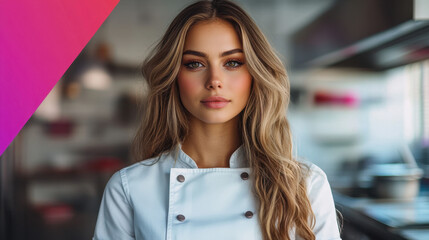 A skilled chef stands confidently in a bright, contemporary kitchen, ready to prepare delicious dishes. The warm light highlights her expertise and passion for cooking.