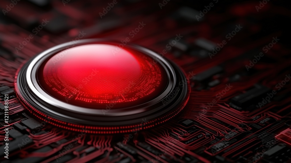 Poster bright red button is prominently displayed on a dark circuit board with intricate patterns. low ligh