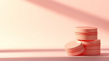 Peach-colored containers stacked on pastel background, sunlit studio, product display, mock-up