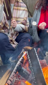 Cozy evening by the fire with friends in a rural setting enjoying nature