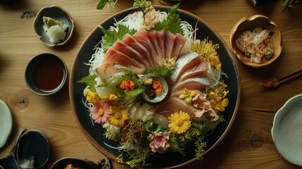 A beautifully presented plate of Korean sashimi hwe, featuring thin slices of fresh fish served with dipping sauces.