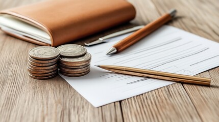 Fototapeta premium collection of coins stacked next to pens and a notebook on a wooden surface emphasizes the theme of financial management and organization during budgeting activities