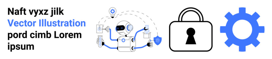 Robot interacting with various devices and shield, emphasizing connectivity. Padlock with keyhole and blue gear signaling security and system management. Ideal for technology, cybersecurity