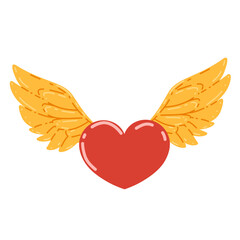 Red heart with gold wings sticker for Valentine's Day. Love symbol for print and web design. Vector icon, logo illustration, vector graphics isolated on white