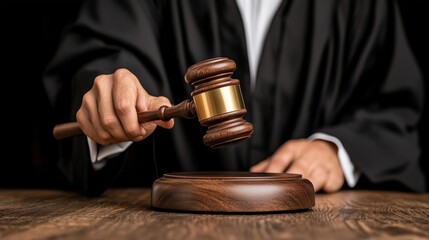 judge is raising a gavel to deliver a verdict in a courtroom. wooden surface reflects the solemn atmosphere, emphasizing the importance of the proceeding