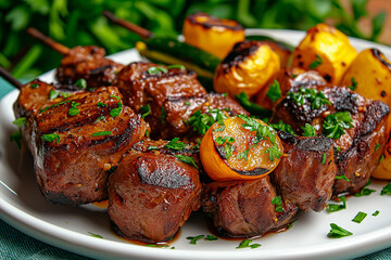 Grilled beef shish kebabs with vegetables on white plate, garnished with herbs, showcasing delicious and appetizing meal. Perfect for gatherings and barbecues