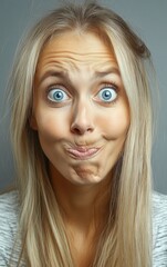 A young woman is making a funny expression, puffing her cheeks while pursing her lips. She has long blonde hair and striking blue eyes. The setting is a simple indoor space with neutral lighting