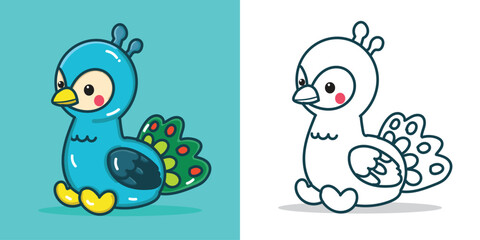 A cute peacock cartoon illustration for a sticker, design element, or coloring book element