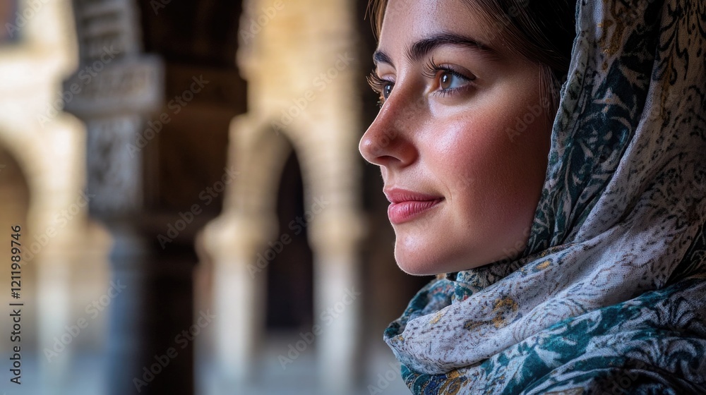Aufkleber A person looking out a window with a headscarf on, suitable for use in various situations where someone is lost in thought or admiring a view