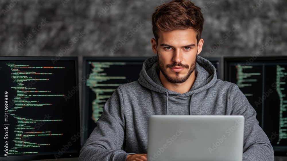Poster young man with a thoughtful expression sits in front of a laptop, surrounded by multiple computer sc
