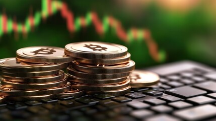 Bitcoin coins are stacked on a keyboard, reflecting the growing interest in digital currency as market trends fluctuate in the background, indicating investor activity and market analysis