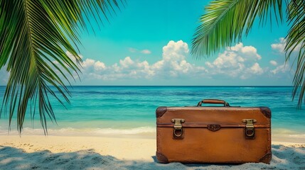 business suitcase on the beach with palms and ocean exotic