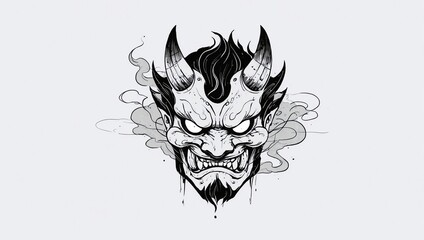 An illustration of a Japanese demon mask surrounded by smoke.