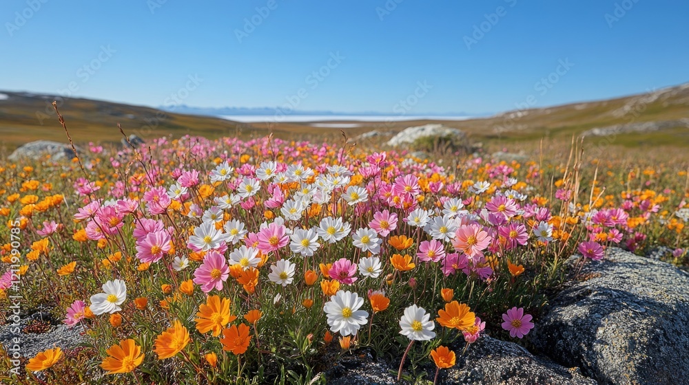 Poster a scenic view of mountains with a field of colorful wildflowers in the foreground