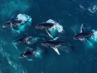 Fototapeta premium Humpback whales swimming ocean aerial view