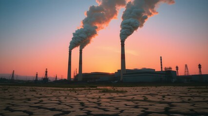 Industrial landscape with smoking chimneys of a power station at sunset