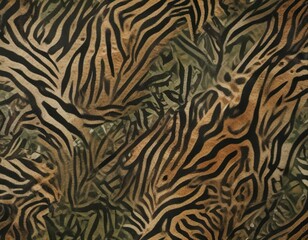 Camouflage pattern with animal prints like zebra and tiger stripes, wild, stripes