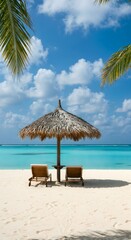 Fototapeta premium Beachside Escape Featuring Wooden Chairs, Straw Umbrella And Azure Waters Beneath Swaying Palm Leaves