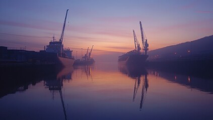 Serene Dawn at the Harbor with Silhouetted Cranes and Ships Reflecting in Calm Water under a Soft Colored Sky