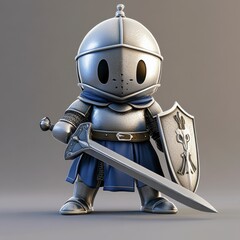 Cute Cartoon Warrior Character in Armor with Sword and Shield