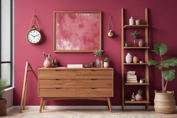 workspace interior with stylish teak commode, wooden easel, bookcase, decoration and elegant