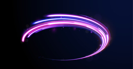 Creative vector illustration of flying cosmic meteor, planetoid, comet, fireball isolated on transparent background. Effect, png, wave,neon,line. Light arc in neon colors, in the form of a turn.