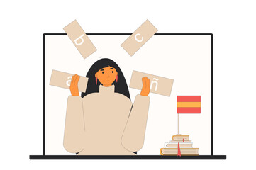 Learning spanish online. Native speaker teacher training pronunciation, and other skills of foreign language. Woman practice grammar isolated on white background. Vector outline flat illustration.