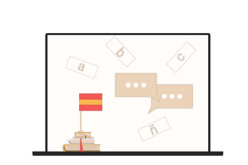 Learning spanish online school. Practice and training pronunciation and other skills of foreign language. Laptop with Spain flag isolated on white background. Vector outline flat illustration.