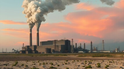 Industrial landscape with smoking chimneys of a power station at sunset