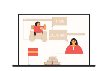 Learning spanish language online with conversation. Buddy system. Native speaker talking with adult student and practice pronunciation and reading skills of foreign language. Vector flat illustration.