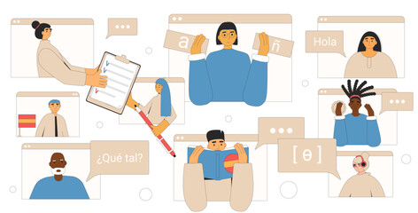 Speaking club. Learning spanish group online. Teacher with adult students prepare for exam and training pronunciation skills of foreign language isolated on white background. Vector illustration.