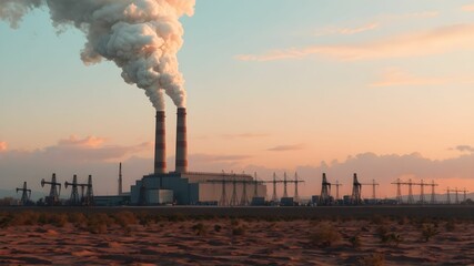 Industrial landscape with smoking chimneys of a power station at sunset