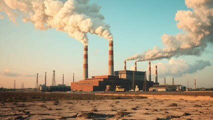 Industrial landscape with smoking chimneys of a power station at sunset