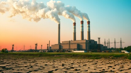 Industrial landscape with smoking chimneys of a power station at sunset